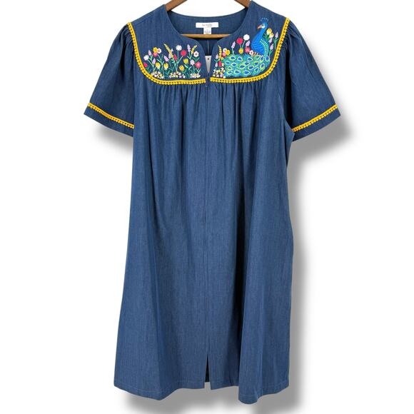 Go Softly Denim Embroidered Floral Peacock Patio Dress Sz Small Full Zip - Picture 1 of 8